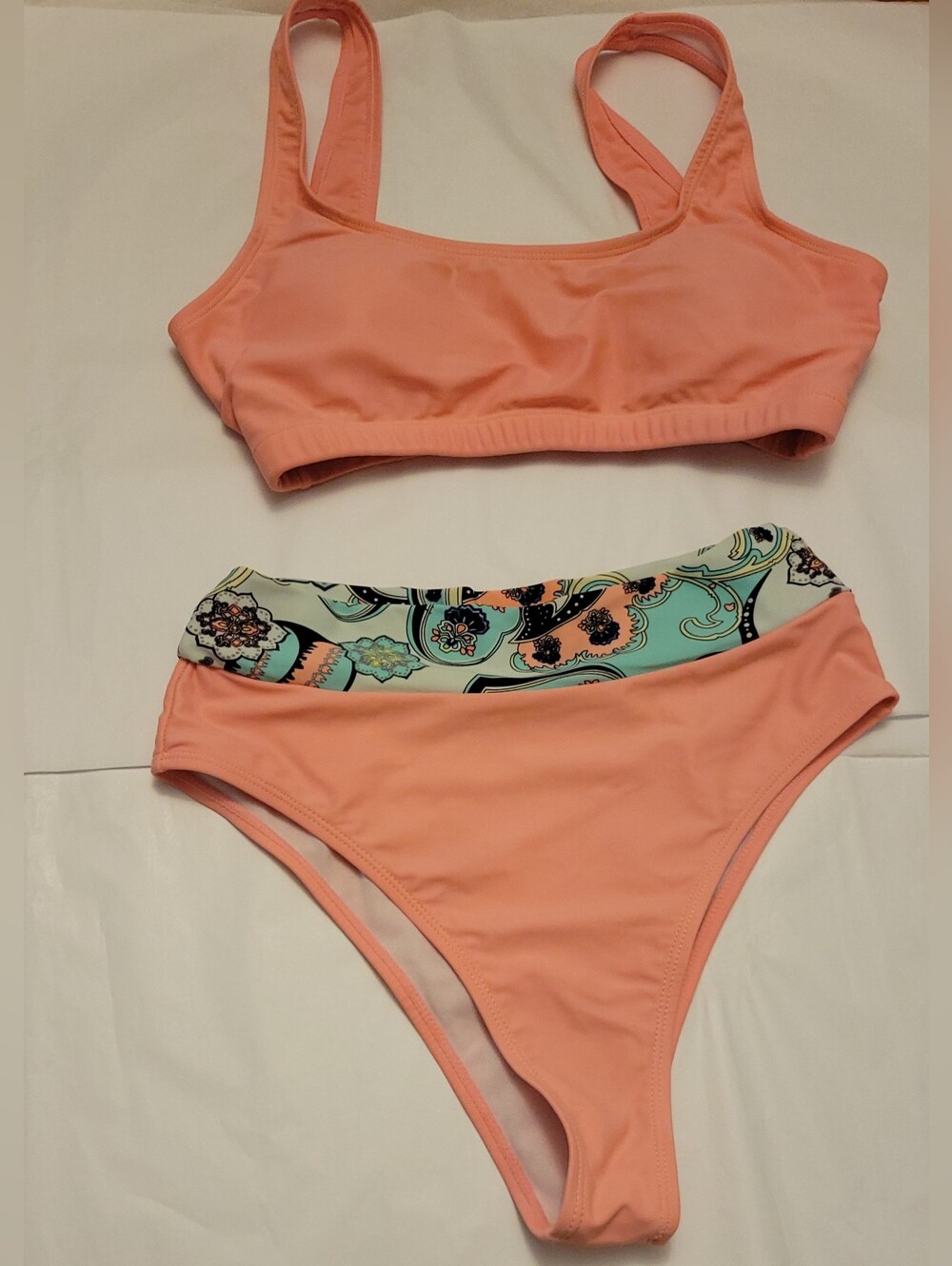 Peach Two-Piece Bikini Set with Patterned Waistband